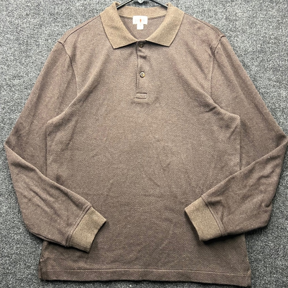 Vintage J. Crew Oarsman Mens Long Sleeve Herringbone Polo Shirt Brown Cotton